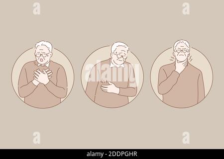 Pain, desease, old age set concept. Unhappy old man caughs because of pneumonia and holds his chest. Senior male is feeling pain in heart area. Grandf Stock Vector