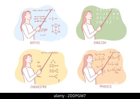 Teaching school subjects set concept, Young woman teaches maths at school. Teacher explains chemistry at college. Girl illustrates physical formulae a Stock Vector