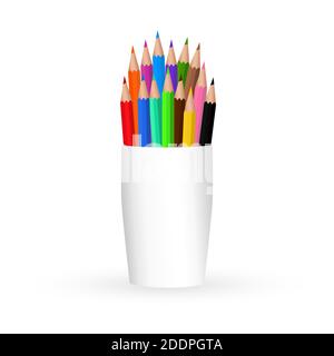 Plastic cup with a set of colored pencils. Close up isolated on white background. Design template, icon, clipart or layout for graphics - web, applica Stock Vector