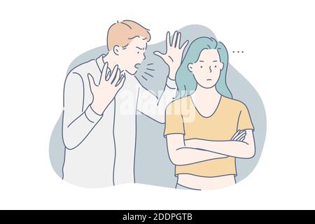 Quarrel, shouting, ignorance concept. Couple is quarreling. Jealous boyfriend shouts or yells at his girlfriend. Pensive woman ignores angry man and t Stock Vector