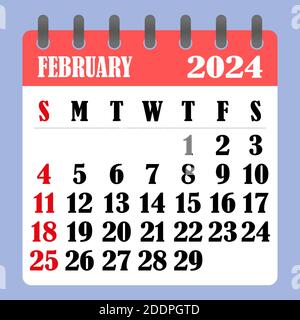 Letter calendar for February 2024. The week begins on Sunday. Time, planning and schedule concept. Flat design. Removable calendar for the month. Vect Stock Vector