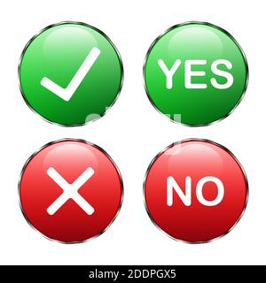 Green tick and red cross. Yes or no. 3D button with shadow on a white background with a metal outline. True or false. Buttons for websites, gadgets, a Stock Vector