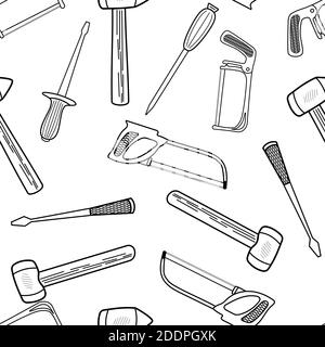 Seamless pattern with hand drawn working tools. Collection of hand tools. Handmade cartoon made of various sketch elements: hammer, saw, screwdriver. Stock Vector