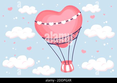 Hand drawn valentines day wallpaper with hot air balloon Vector illustration Stock Vector