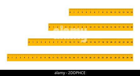 Set of yellow rulers with a black scale and numbers of different sizes. Measuring tool for artistic design. Graphic element of abstract concept. Isola Stock Vector