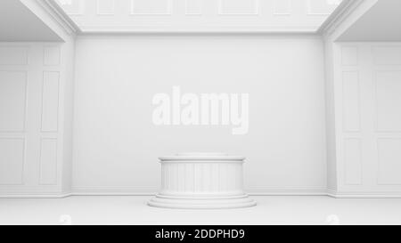 Podium stand in the room. Empty room inside interior, realistic 3d illustration. Abstract white room, empty wall. Realistic white light in the room Stock Photo