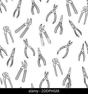 Seamless pattern with hand drawn working tools. Collection of hand tools. Handmade cartoon from various sketch elements: pliers, wire cutters, clamp. Stock Vector