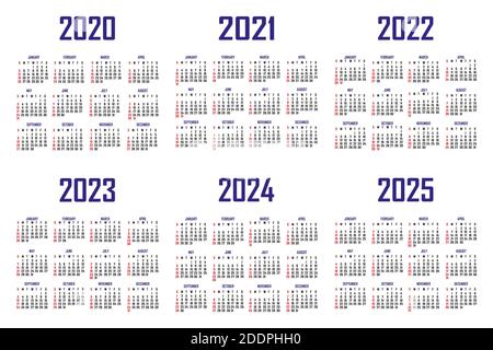 Calendar 2020, 2021, 2022, 2023, 2024, 2025. The week begins on Sunday. Simple calendar template. Portrait of vertical orientation. Annual organizer o Stock Vector