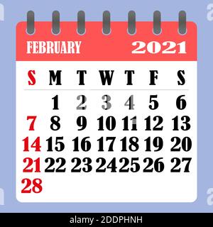 Letter calendar for February 2021. The week begins on Sunday. Time, planning and schedule concept. Flat design. Removable calendar for the month. Vect Stock Vector