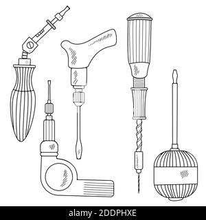Hand tools collection. Handmade cartoon with different elements of the sketch: a mechanical screwdriver. In a flat style. On a white background. Vecto Stock Vector