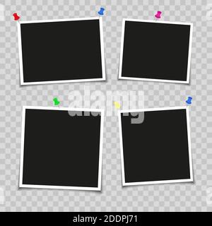 Realistic photo frame layout. Retro photo frames, empty with shadows on the wall, photos on a hairpin. Isolated on transparent background. Vector illu Stock Vector