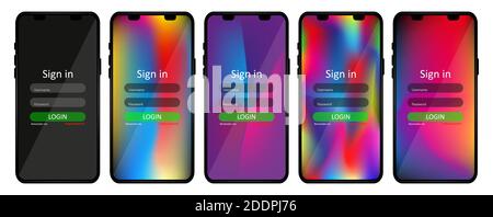 A set of screens for logging in users with a login and password. User interface and page form for mobile applications. Realistic smartphone layout and Stock Vector