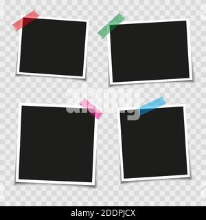 Realistic mockup photo frame frame. Retro photo frames, empty with shadows on the wall, photos with adhesive tapes. Isolated on transparent background Stock Vector