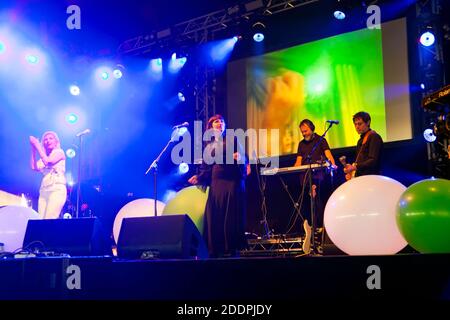 Sarah Cracknell  performing with the electronic music band Saint Etienne, on the Heavenly & Friends Stage,  at the 2016 OnBlackheath Music Festival Stock Photo