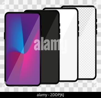 Realistic phone mockup. Set of modern phones with blank, colorful, black and transparent display. Smartphone mockup design front. Presentation and inf Stock Vector