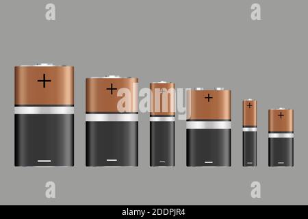 Vector battery, different size, isolated on gray background. Battery sizes or styles, various electronic industrial devices, lithium-chemical electric Stock Vector