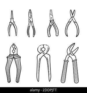 Set of pliers repair tool outline icon. Set of tools for building hands. Isolated on white background. Vector illustration Stock Vector