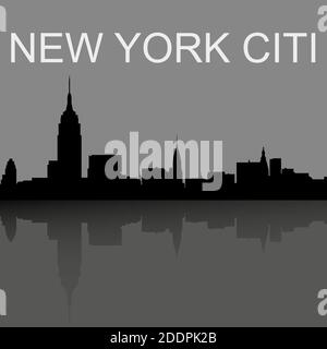 Modern vector landscape, New York skyline. Modern city, houses, skyscrapers. Gray silhouette of buildings on black background. Flat style. Vector illu Stock Vector