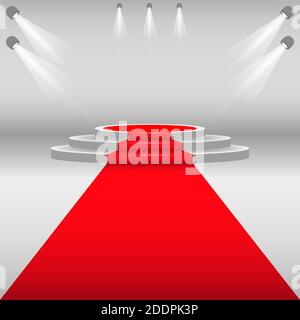 Red carpet and podium. White round pedestal with red track. Stage podium with lighting, scenario of the awards ceremony. Vector illustration Stock Vector