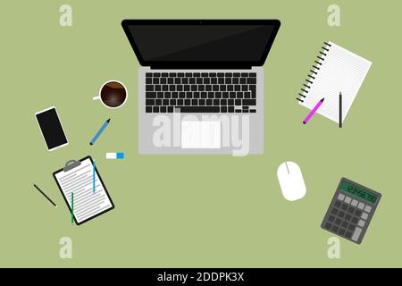 Freelancer workspace, workspace top view. Home and home office concept. The concept of freelance jobs and vacancies. Laptop, smartphone coffee cup, no Stock Vector