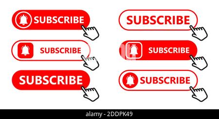 Social media subscription button. Subscribe to the video channel, blog and newsletter. Red button with hand cursor for subscription. Flat style. Vecto Stock Vector