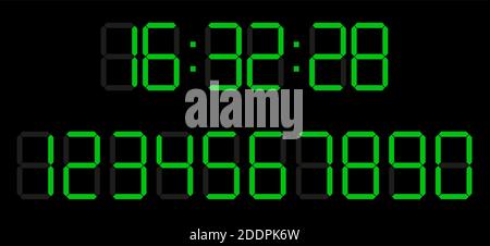 Digital LED numbers. Electronic or digital clock counter with LED figures. Flat style. Isolated on black background. Vector illustration Stock Vector