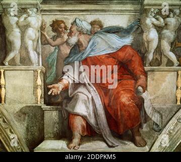 Prophets and Sibyls: Ezekiel (Sistine Chapel ceiling in the Vatican). Photo after restoration. Museum: The Sistine Chapel, Vatican. Author: MICHELANGELO BUONARROTI. Stock Photo