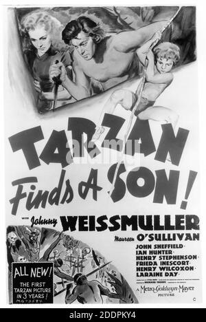 JOHNNY WEISSMULLER MAUREEN O'SULLIVAN and JOHN SHEFFIELD in TARZAN FINDS A SON ! 1939 director RICHARD THORPE screenplay Cyril Hume based on characters created by Edgar Rice Burroughs Metro Goldwyn Mayer Stock Photo