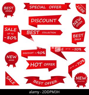 Vector set of red price tags, labels, stickers, arrows and ribbons