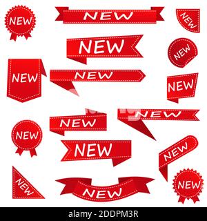 Red promotional labels for the recently arrived part of the store. New set of product tag stickers for sale. Flat style isolated on white background. Stock Vector