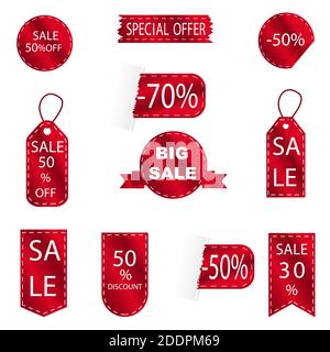 Red discount sale label set. Vector tag, promo sign, sticker with templates. Promo icons, collection of product sign layouts. Discount discounts on la Stock Vector