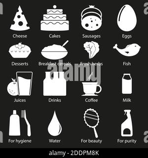 Supermarket department icons set. 16 pieces. Strip style. White color. Isolated on black background. Vector illustration Stock Vector
