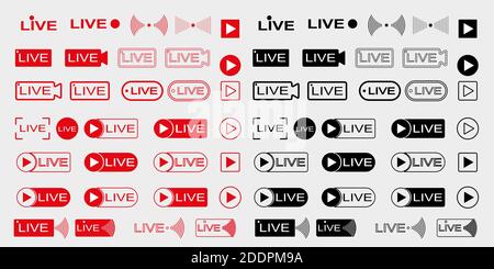 Live broadcast icons set. Live video streaming. Red symbols and buttons for live broadcast, online broadcast. Red and black buttons for live and onlin Stock Vector