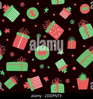 Christmas seamless pattern with gift boxes. Vector cute festive dark background with hand drawn presents Stock Vector