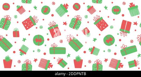 Christmas gift boxes seamless pattern. Cute vector long background, banner with hand drawn presents Stock Vector