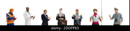 Half-length collage. Group of people with different professions isolated on white background, horizontal. Male and female models accountant, miner, businessman, gondolier using gadgets, devices. Stock Photo