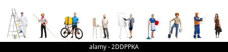 Group of people with different professions on white background, horizontal. Modern workers of diverse occupations, male and female models like stylist, painter, farmer, accountant with equipment Stock Photo