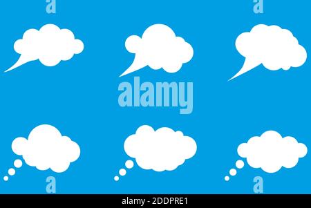 Set of white clouds for thoughts, messages and other records isolated on blue background. Vector illustration Stock Vector