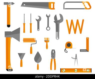 Set of hand tools mechanics screwdriver, hammer, ax, wrench, level, spatula, pliers, saw, roller, brush tape measure isolated on white backgroundVecto Stock Vector