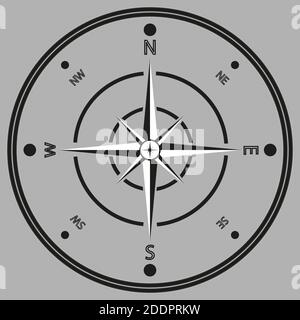 Black and white image of a compass in a flat rear. Isolated on gray background. Vector illustration Stock Vector
