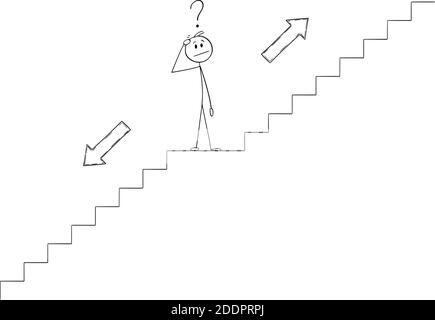 Vector cartoon stick figure illustration of man or businessman thinking on stairs or staircase or stairway and thinking about future direction, choosing to go up or down. Stock Vector
