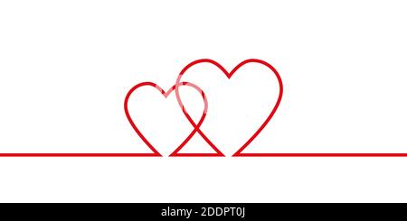 Continuous line drawing of two hearts, red and white vector minimalistic illustration concept of love. Vector illustration Stock Vector