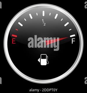The round fuel gauge is realistic. Detail of the dashboard of a motorcycle car and other transport. Black. Isolated on black background. Vector illust Stock Vector