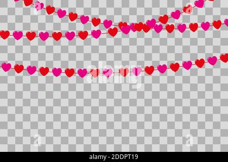 Garland of red and pink hearts on a transparent background. Valentines day, weddings and other saints. Vector illustration Stock Vector