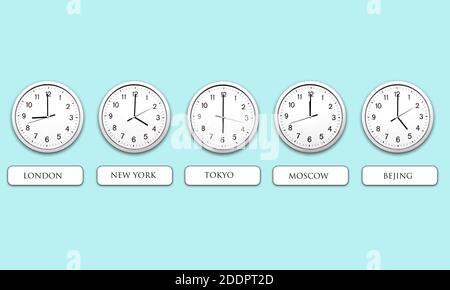 clocks with five time zones of main capitals in the world London