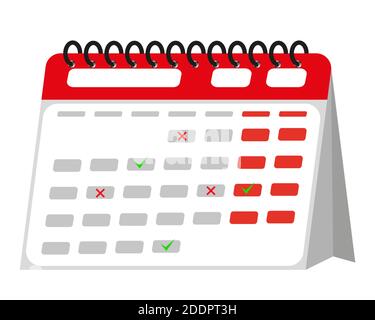 Desktop paper calendar in isometric style on white background. With a tick and a cross. Flat color image of stationery calendar. Vector illustration Stock Vector
