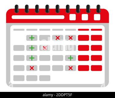 Flat paper calendar in flat style on white background. With check mark and cross. Flat color image of stationery calendar. Vector illustration Stock Vector