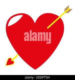 Red heart pierced with cupid arrow. Valentine day. Flat style isolated on white background. Vector illustration Stock Vector