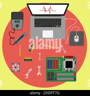 Computer repair. Computer workshop. Computer maintenance, maintenance and diagnostics settings. Flat style. Vector illustration Stock Vector