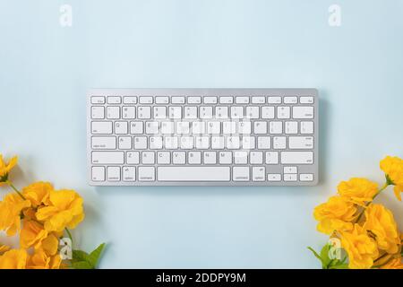 White Portable Computer Keyboard Keys or Keyboard Button and Yellow Flower at Bottom on Blue Pastel Minimalist Background Stock Photo